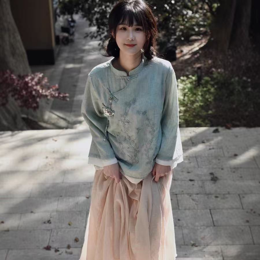 Zen Tea-Inspired Neo-Chinese 2-Piece: Cotton-Linen Shirt & Skirt