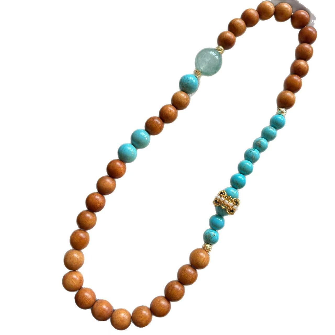 "Moon Over Ten-Thousand Pines" | Original New Chinese-Style Double-Strand Elastic Bracelet with Golden Medicinal Sandalwood and Turquoise