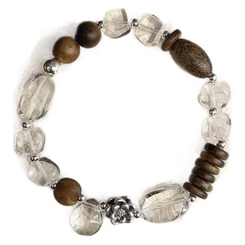 Silver Natural Agarwood, Sandalwood & White Crystal Bracelet: A Niche Piece with Chinese Aesthetic Charm & Exquisite Texture