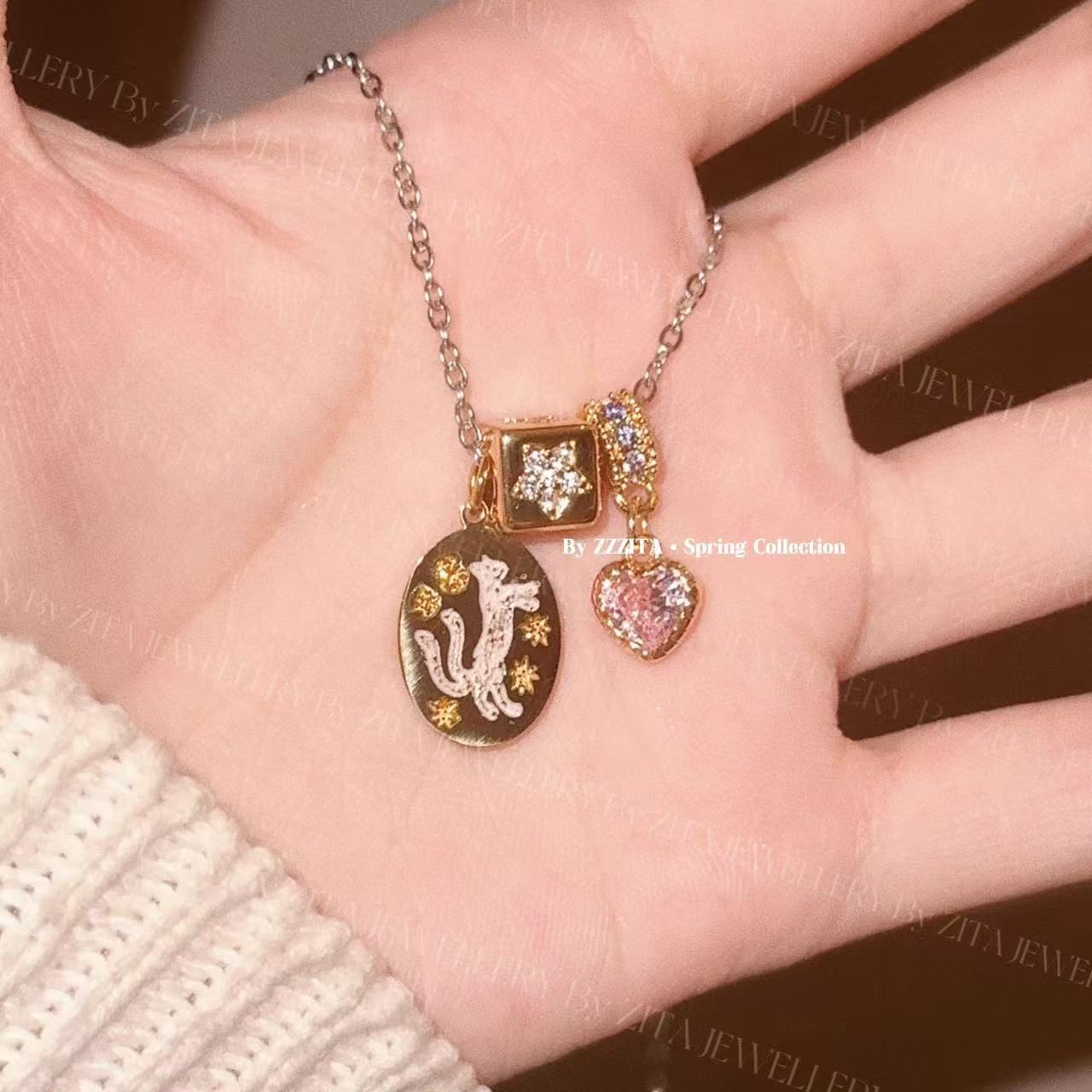 Sweet Star-Pentagon & Heart Cat Guardian Pendant Necklace – Sparkling Diamond-Embedded, Unique, Versatile & Luxe Accessory