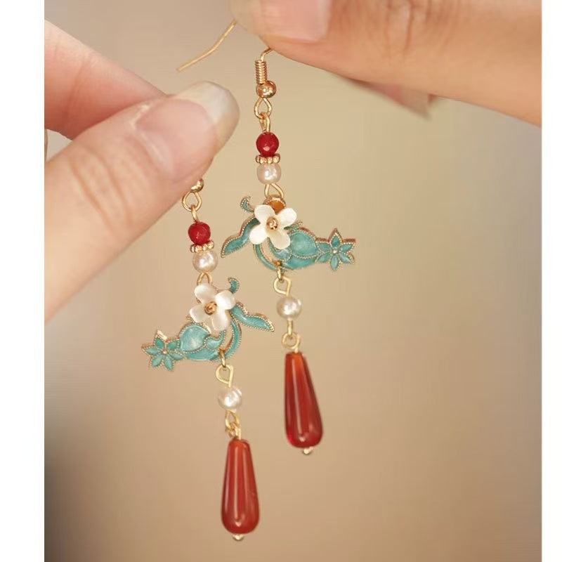 Vintage Enamel Pear Blossom Earrings with Filigree, Cloisonné, Imitation Lapis Lazuli Drops & Pearl Tassels