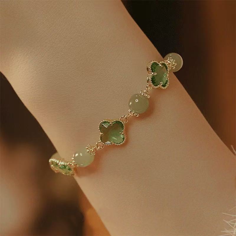 Natural Hetian Jade Lucky Four-Leaf Clover Sliding Bracelet