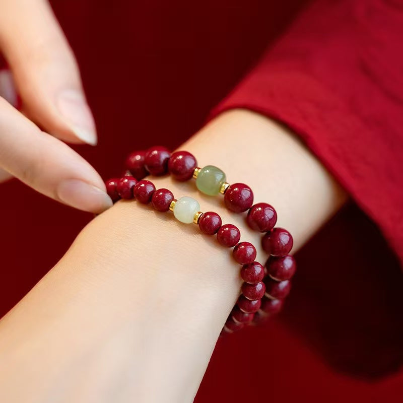 Lucky Cinnabar Bracelet – Single-Strand with Hetian Jade, High-Purity Vermilion, Zodiac Year Fortune Beads