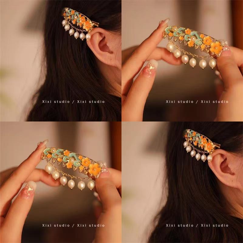 Enameled Pearl Hair Clip – Ambient Side Clip, Neo-Chinese Bangs/Strand Clip, Retro Ethnic Charm