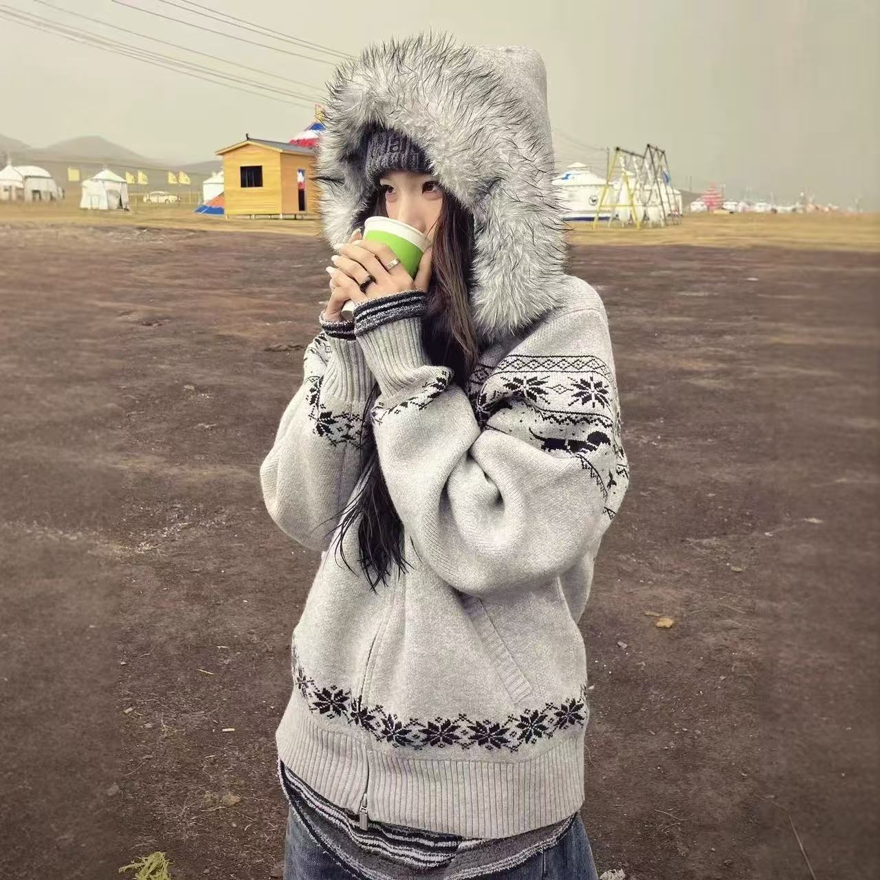 Women's Fair Isle Cardigan: Slouchy, High-End Women's Autumn Fur-Collared Hooded Knitwear – Soft, Cozy Oversized Outerwear & Loose Top