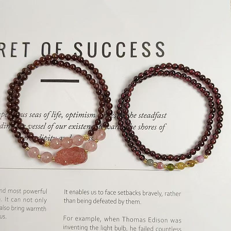 New Chinese-Style | Natural Wine-Red Garnet Double-Strand Bracelet: Vintage Hand Chain