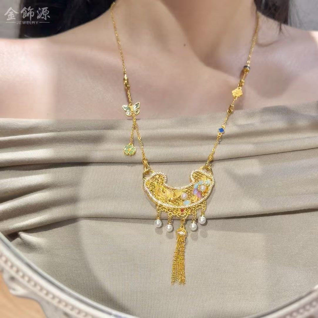 New Chinese-Style Phoenix & Peony Tassel Pendant Necklace