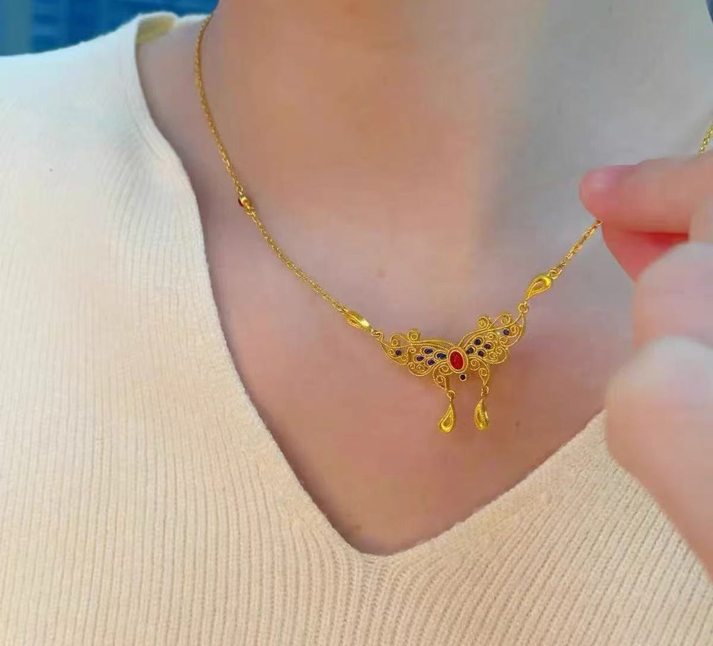 Filigree 'Butterfly Dream' Necklace: Ruby Red, Phoenix Tail, Gold Figaro Chain