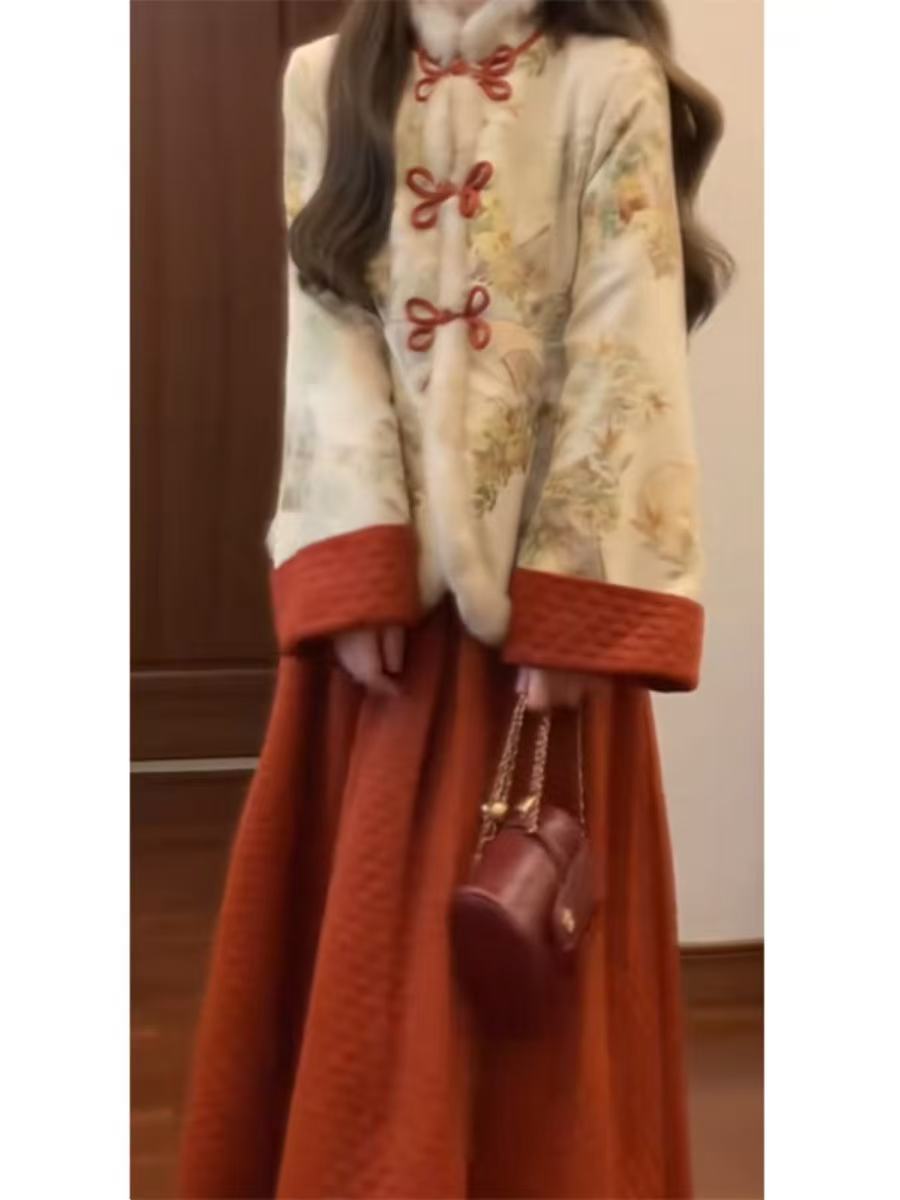 Luxurious Neo-Chinese 2-Piece: Quilted Frog-Button Jacket & Skirt, Crafted for Autumn-Winter Grace