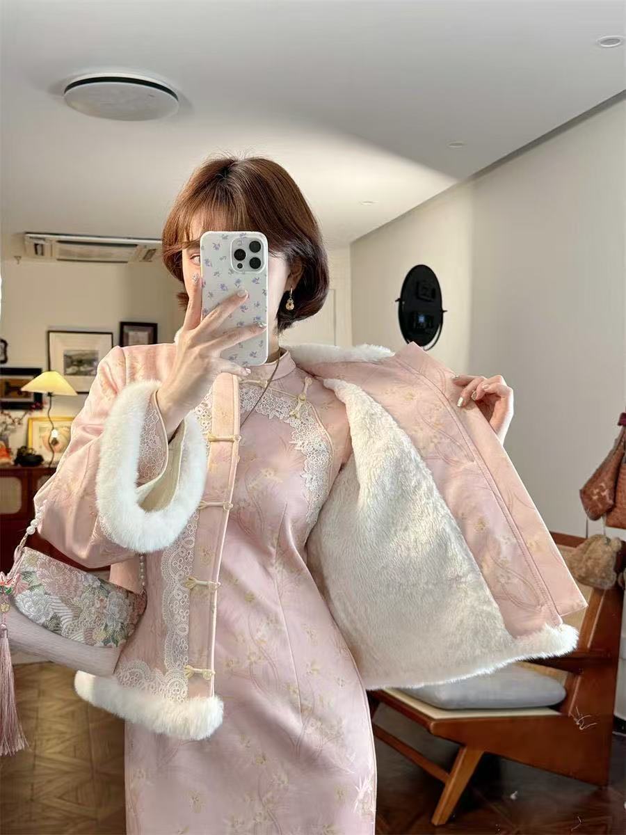 Elegant Neo-Chinese 2-Piece Ensemble: Quilted Frog-Button Jacket & Dress, Winter New Collection