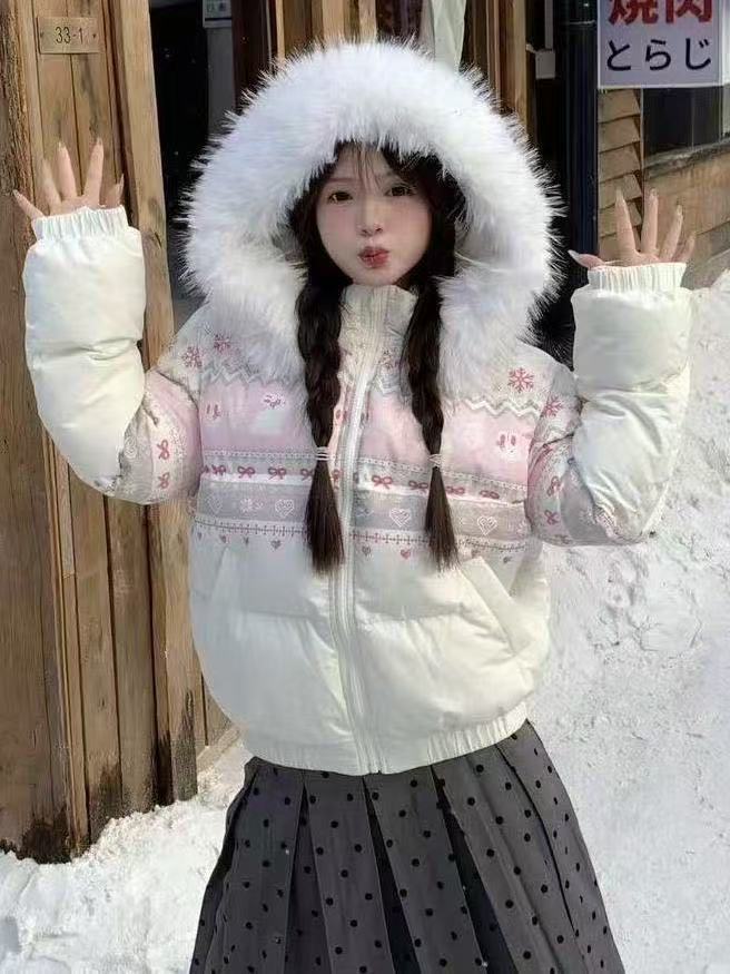 Women's Winter Down Jacket with Snowflake Rabbit Print, Fur Collar & Hood: Versatile, Warm Winter Puffer Coat