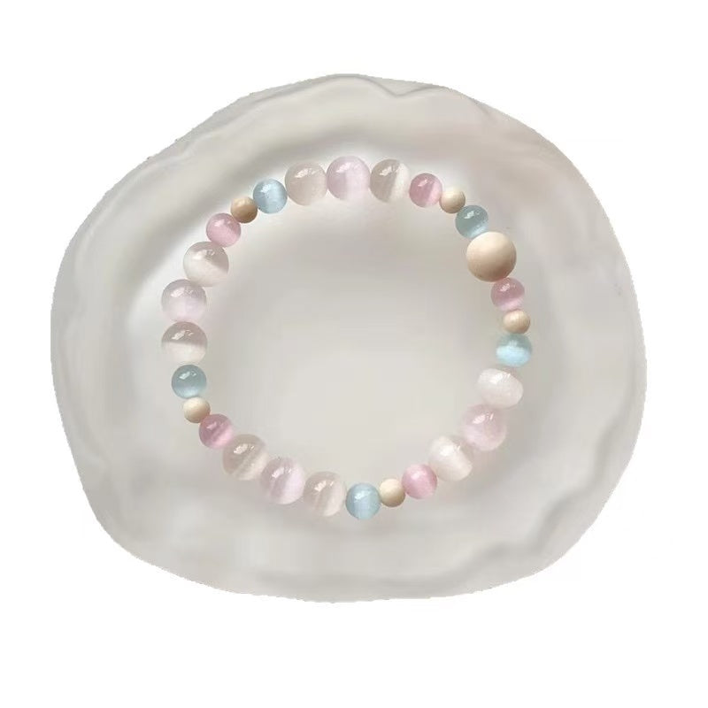 "Pear Blossom Courtyard" | New Chinese-Style Bracelet: Lychee-Frozen Cat's Eye Stone, Fossilized White Beads—Vintage, Gentle Charm