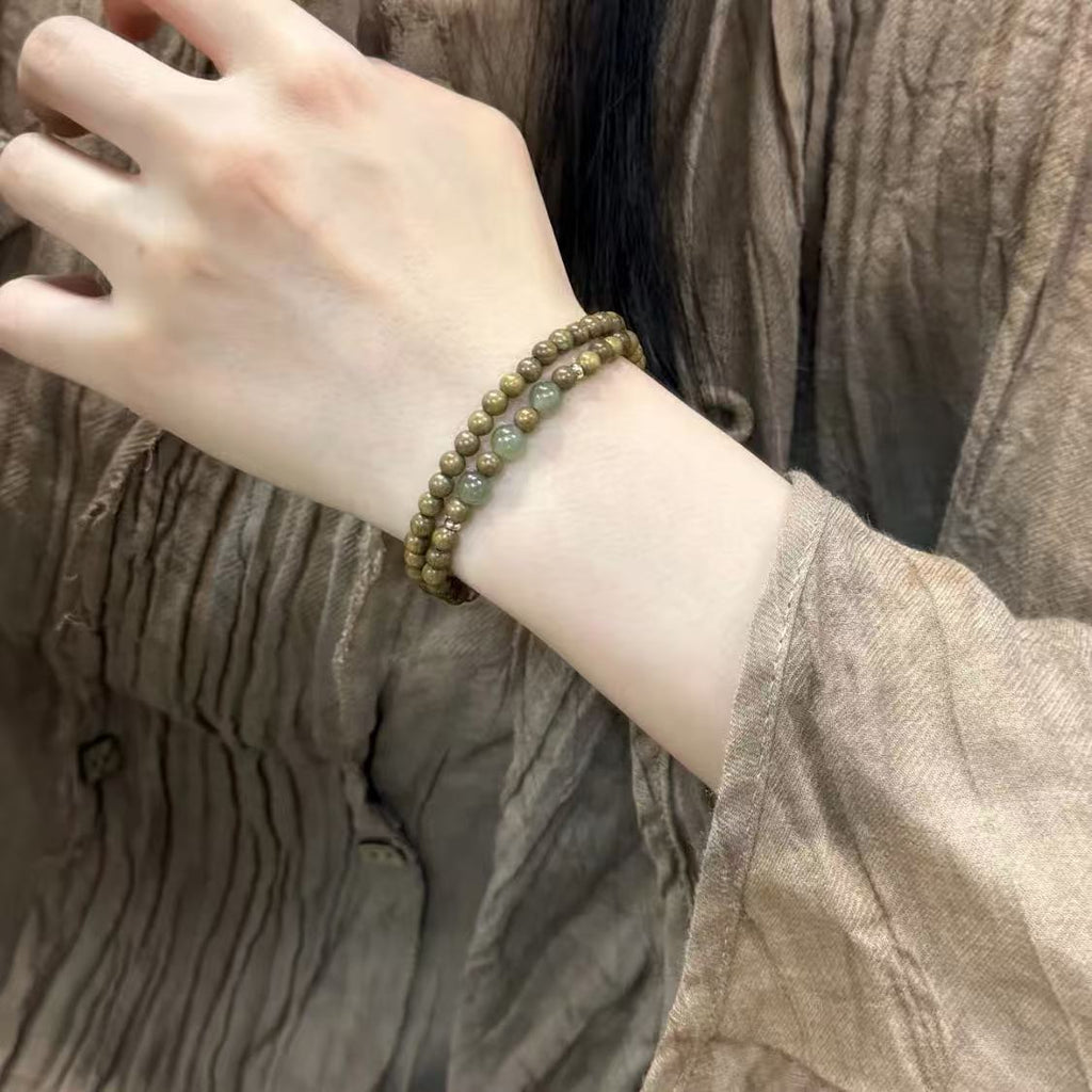 Sandalo Verde with Hetian Jade Double-Strand Bracelet: Unisex Wooden Handicraft, Chinese-Style Buddhist Bead Bracelet (Double-Strand)