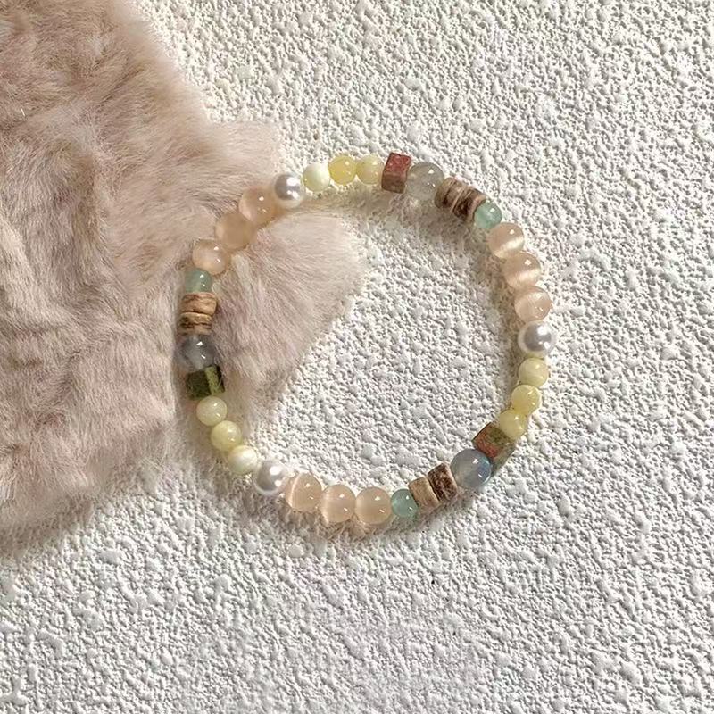 "Soft Brushstrokes of Morning Rhythm" | Ethnic-Style Bracelet: Cat's Eye Stone, Pearl & Coconut Shell—Vintage, Niche Elegance for Women