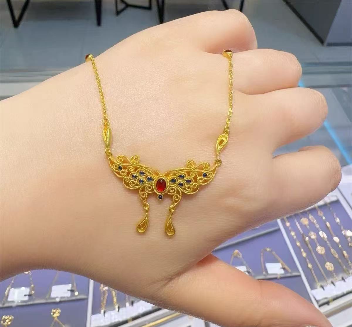 Filigree 'Butterfly Dream' Necklace: Ruby Red, Phoenix Tail, Gold Figaro Chain