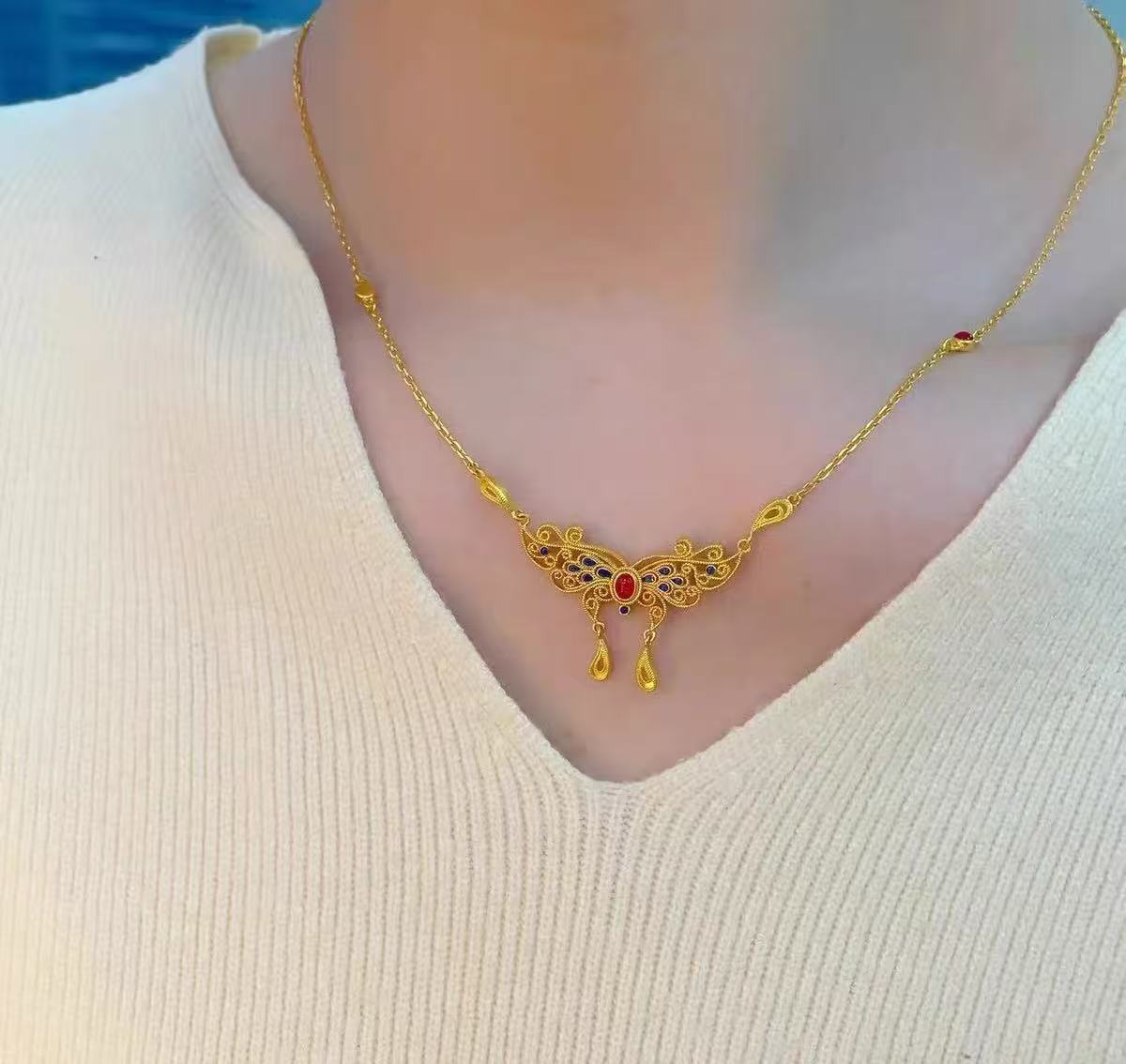 Filigree 'Butterfly Dream' Necklace: Ruby Red, Phoenix Tail, Gold Figaro Chain