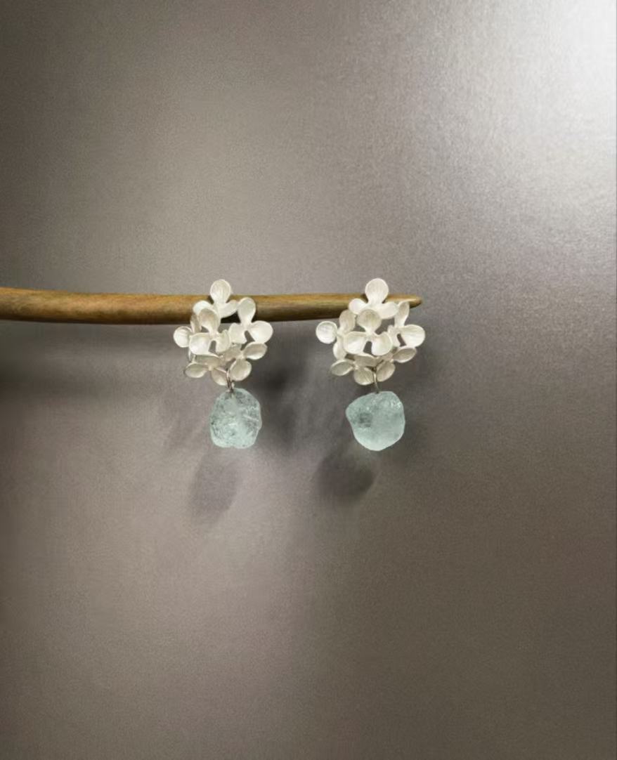 "Silver Blossom Cluster" – Neo-Chinese Silver Floral Earrings with Blue Crystals, Cool Summer Vibe, Beach Getaway Style