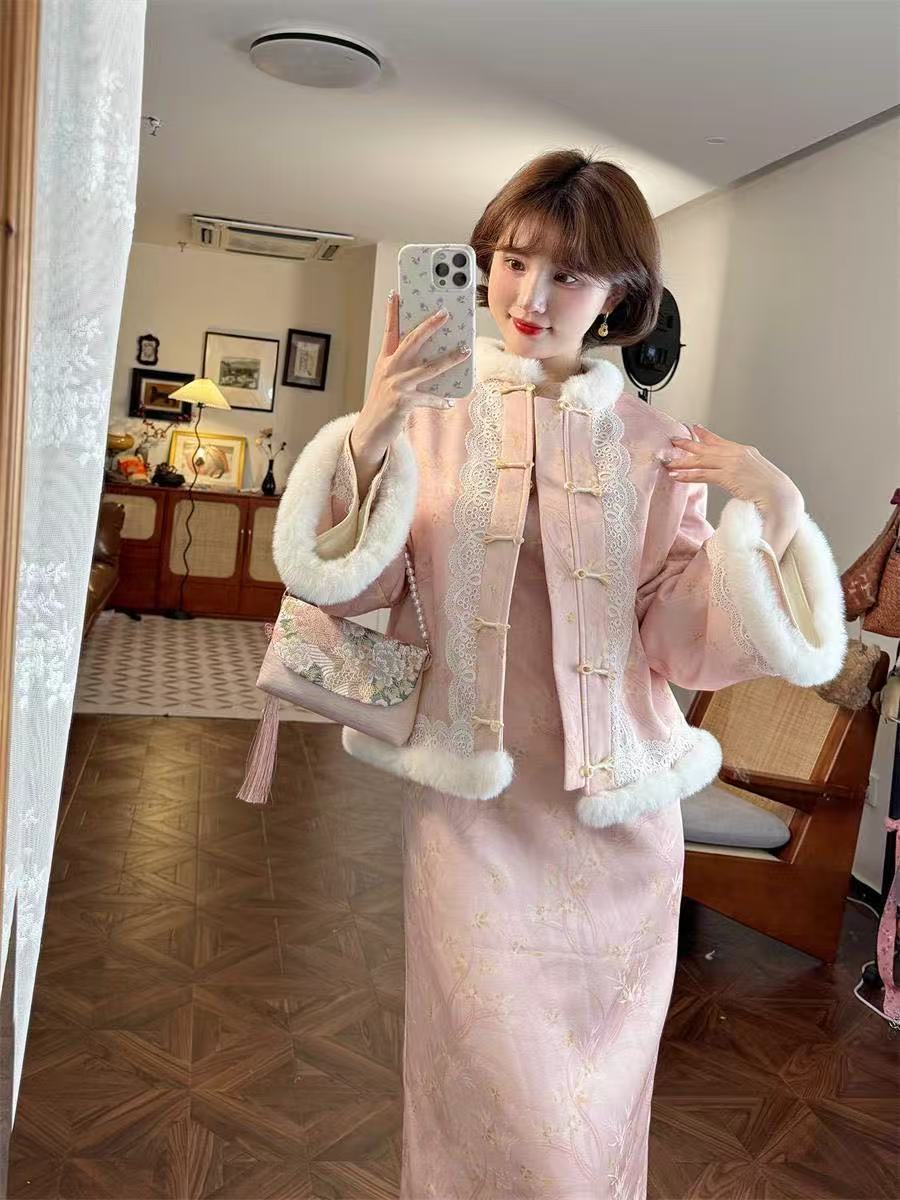 Elegant Neo-Chinese 2-Piece Ensemble: Quilted Frog-Button Jacket & Dress, Winter New Collection