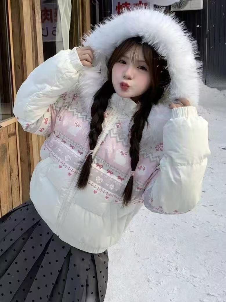 Women's Winter Down Jacket with Snowflake Rabbit Print, Fur Collar & Hood: Versatile, Warm Winter Puffer Coat