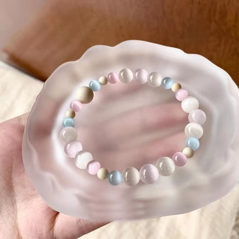 "Pear Blossom Courtyard" | New Chinese-Style Bracelet: Lychee-Frozen Cat's Eye Stone, Fossilized White Beads—Vintage, Gentle Charm