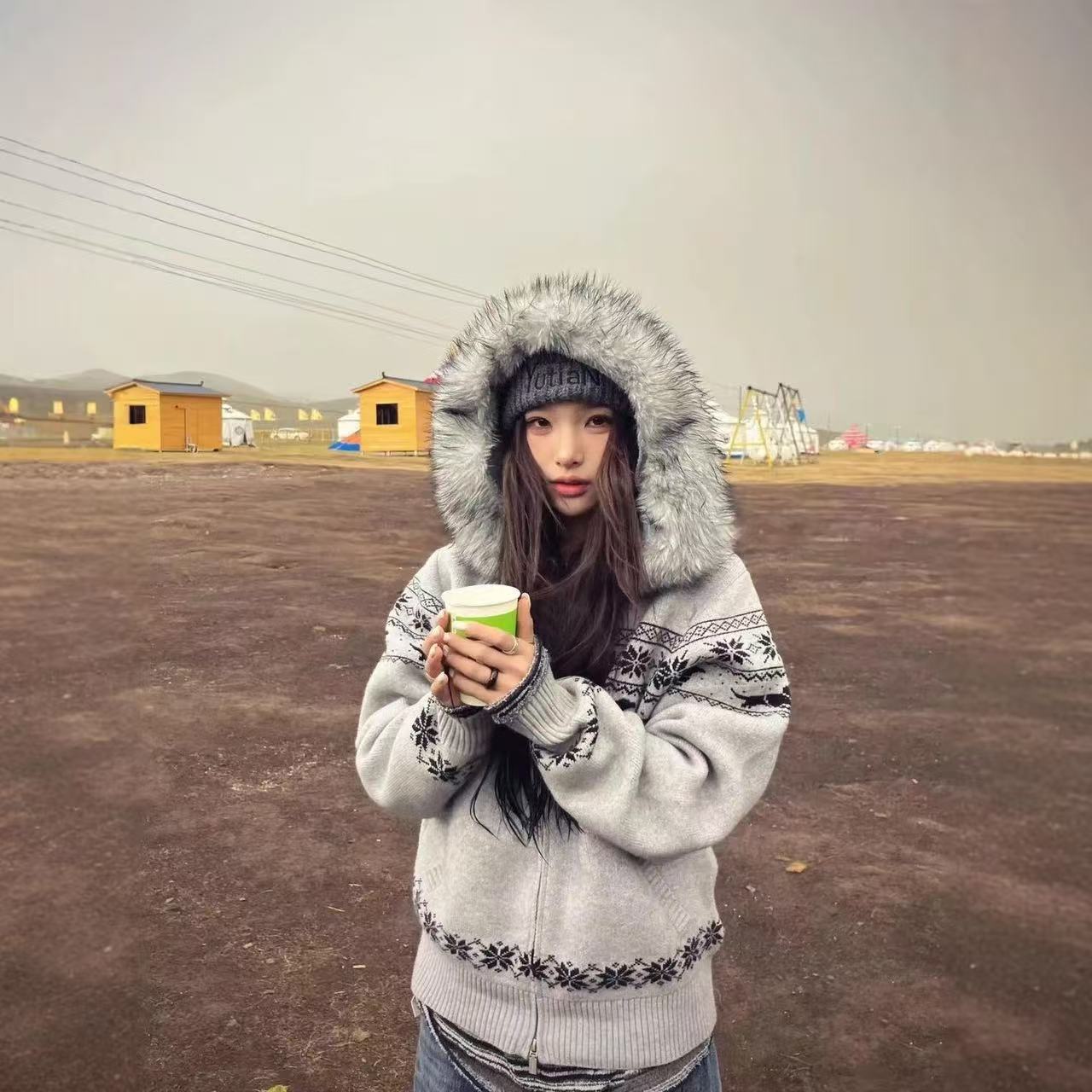 Women's Fair Isle Cardigan: Slouchy, High-End Women's Autumn Fur-Collared Hooded Knitwear – Soft, Cozy Oversized Outerwear & Loose Top