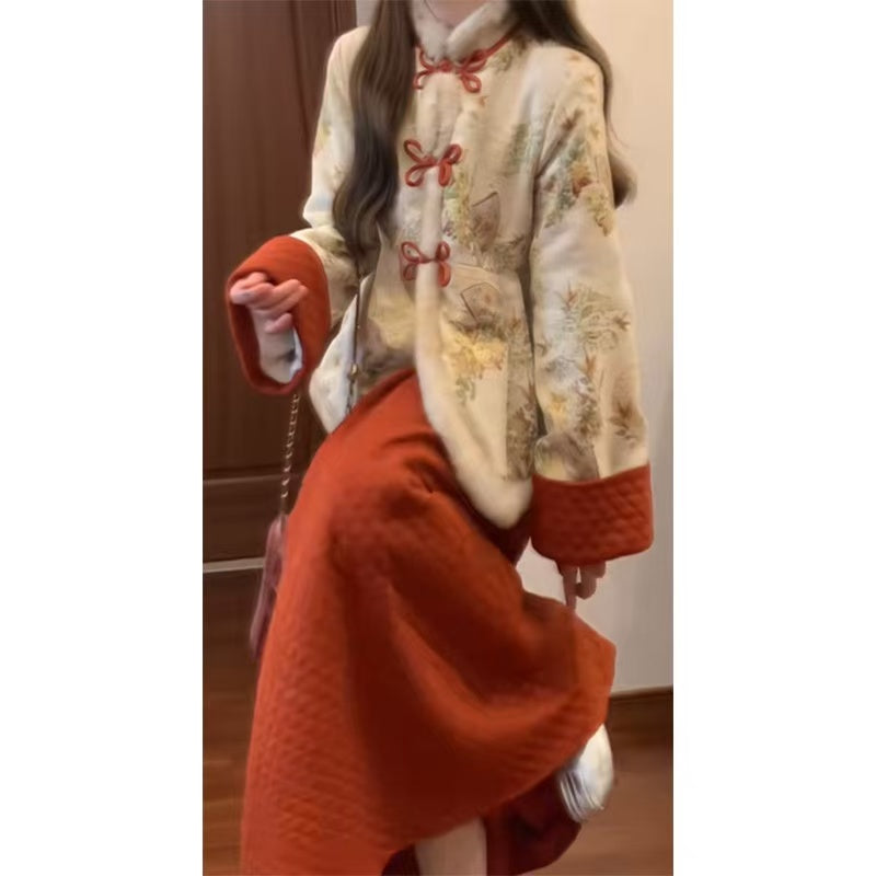 Luxurious Neo-Chinese 2-Piece: Quilted Frog-Button Jacket & Skirt, Crafted for Autumn-Winter Grace
