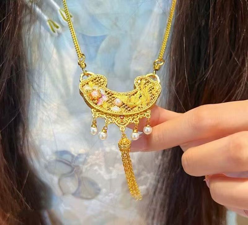 New Chinese-Style Phoenix & Peony Tassel Pendant Necklace