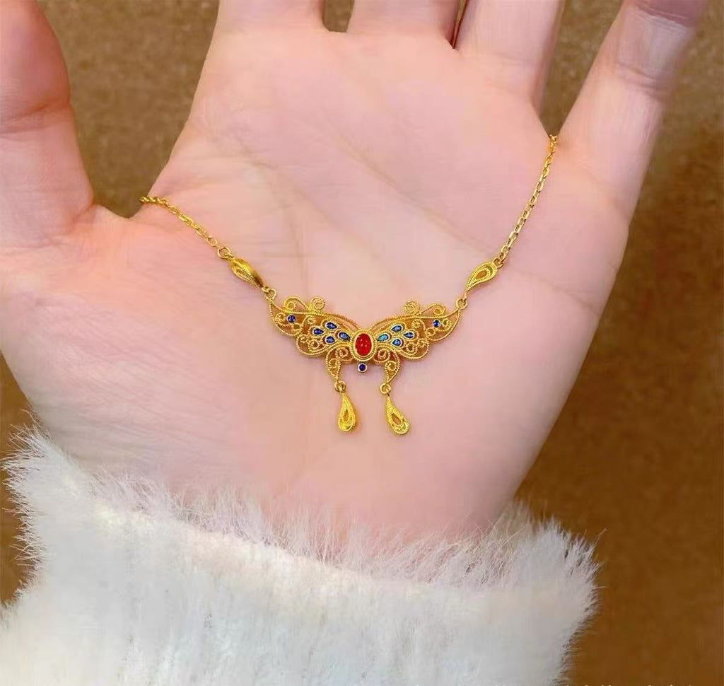 Filigree 'Butterfly Dream' Necklace: Ruby Red, Phoenix Tail, Gold Figaro Chain