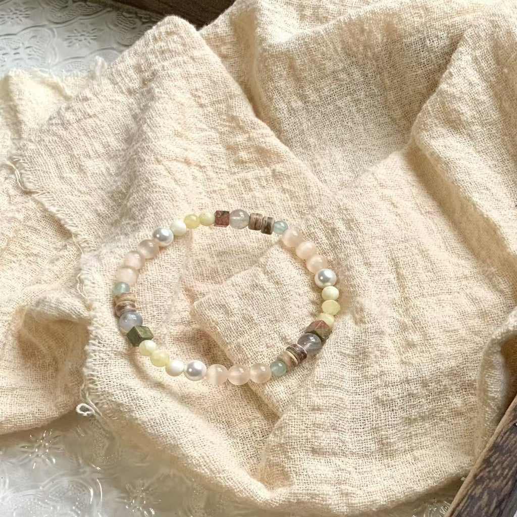 "Soft Brushstrokes of Morning Rhythm" | Ethnic-Style Bracelet: Cat's Eye Stone, Pearl & Coconut Shell—Vintage, Niche Elegance for Women