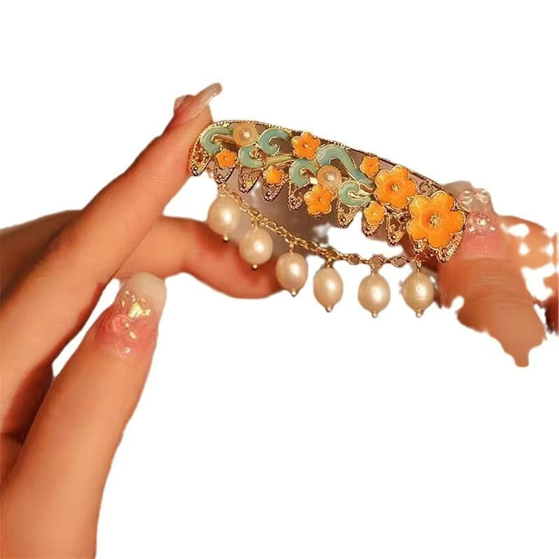 Enameled Pearl Hair Clip – Ambient Side Clip, Neo-Chinese Bangs/Strand Clip, Retro Ethnic Charm