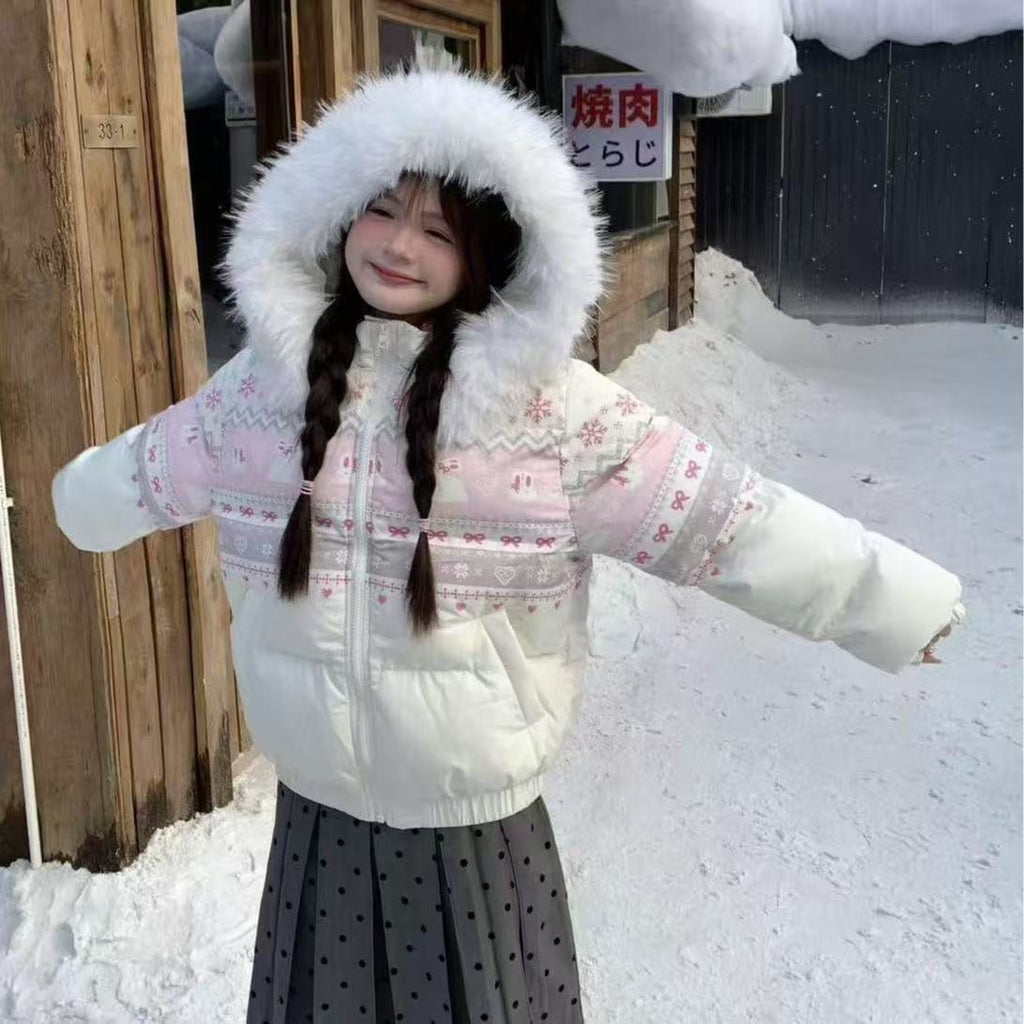 Women's Winter Down Jacket with Snowflake Rabbit Print, Fur Collar & Hood: Versatile, Warm Winter Puffer Coat