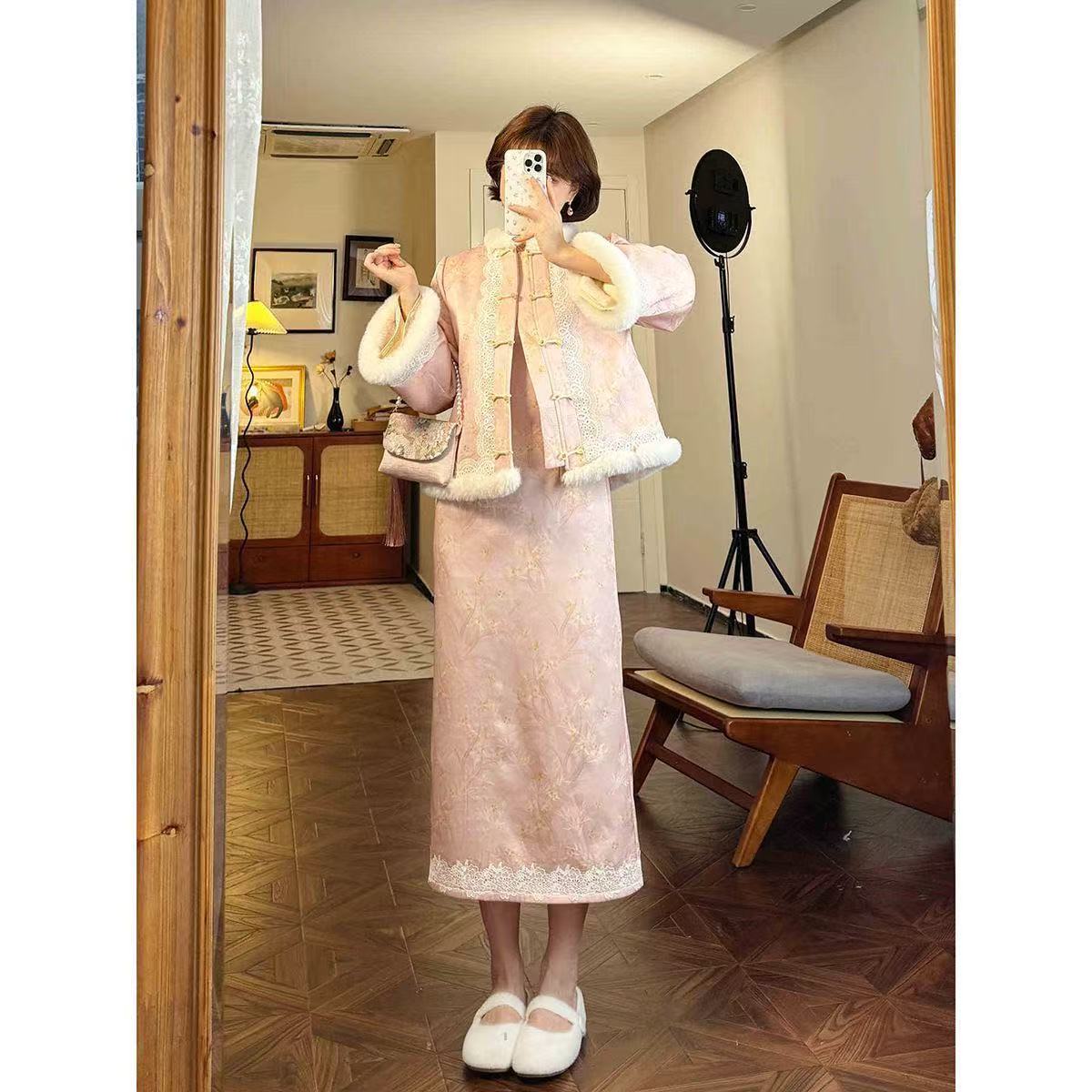 Elegant Neo-Chinese 2-Piece Ensemble: Quilted Frog-Button Jacket & Dress, Winter New Collection