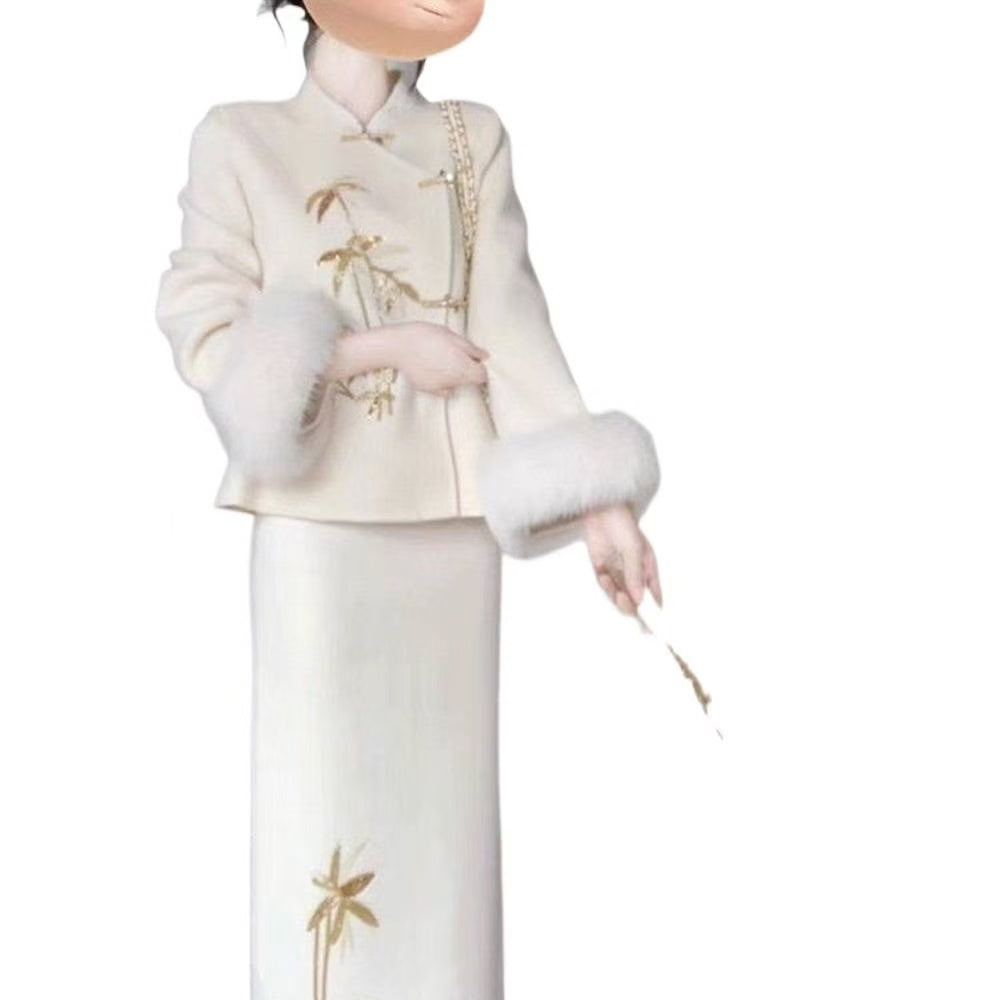 Women's Elegant Neo-Chinese 2-Piece: Embroidered Wool Coat & High-Waist Skirt for Autumn-Winter