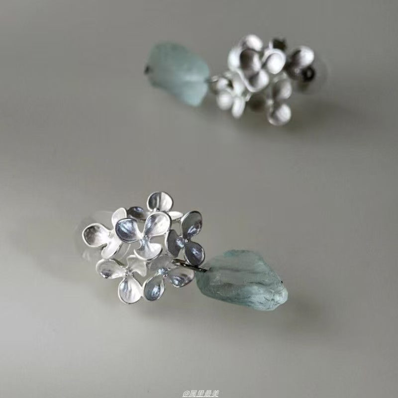 "Silver Blossom Cluster" – Neo-Chinese Silver Floral Earrings with Blue Crystals, Cool Summer Vibe, Beach Getaway Style