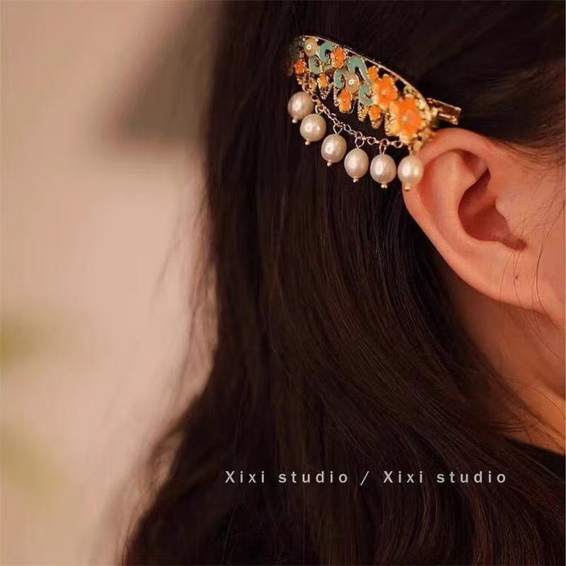 Enameled Pearl Hair Clip – Ambient Side Clip, Neo-Chinese Bangs/Strand Clip, Retro Ethnic Charm