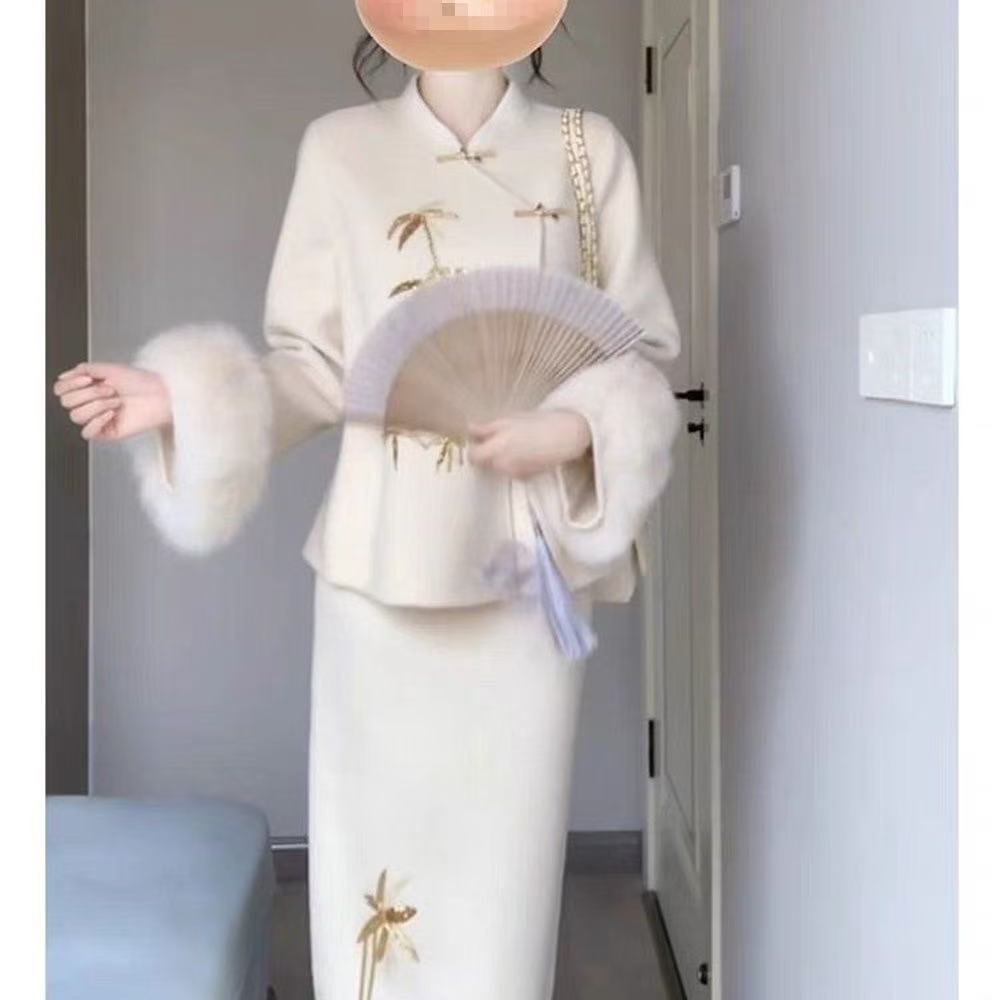 Women's Elegant Neo-Chinese 2-Piece: Embroidered Wool Coat & High-Waist Skirt for Autumn-Winter