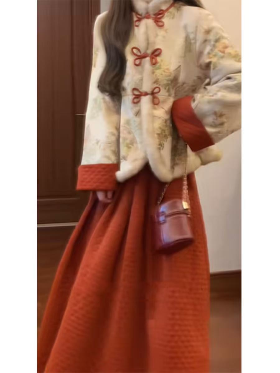 Luxurious Neo-Chinese 2-Piece: Quilted Frog-Button Jacket & Skirt, Crafted for Autumn-Winter Grace