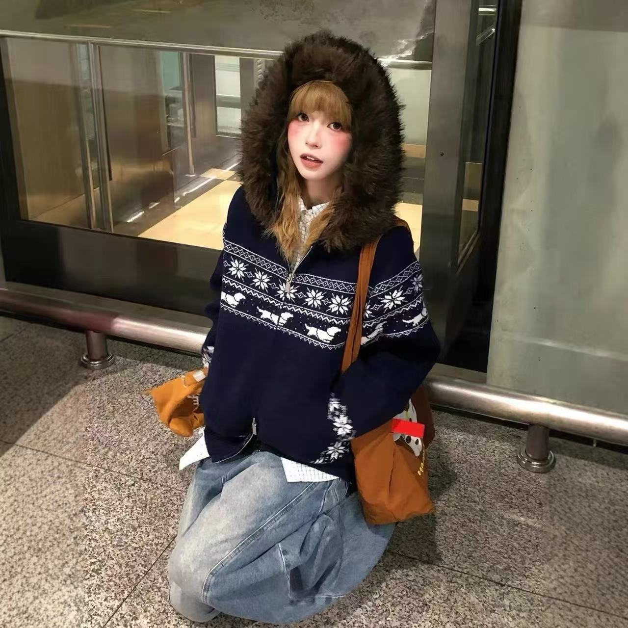 Women's Fair Isle Cardigan: Slouchy, High-End Women's Autumn Fur-Collared Hooded Knitwear – Soft, Cozy Oversized Outerwear & Loose Top