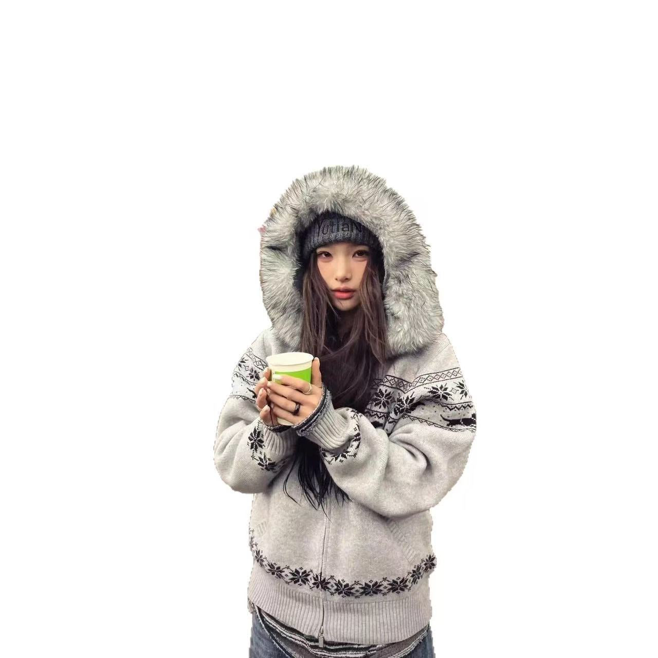 Women's Fair Isle Cardigan: Slouchy, High-End Women's Autumn Fur-Collared Hooded Knitwear – Soft, Cozy Oversized Outerwear & Loose Top