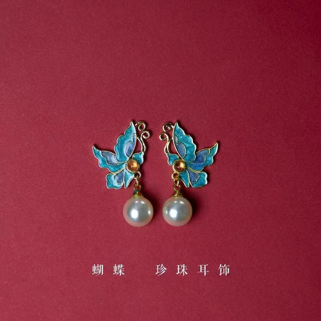 Butterfly Kingfisher Feather Cloisonné Pearl Studs