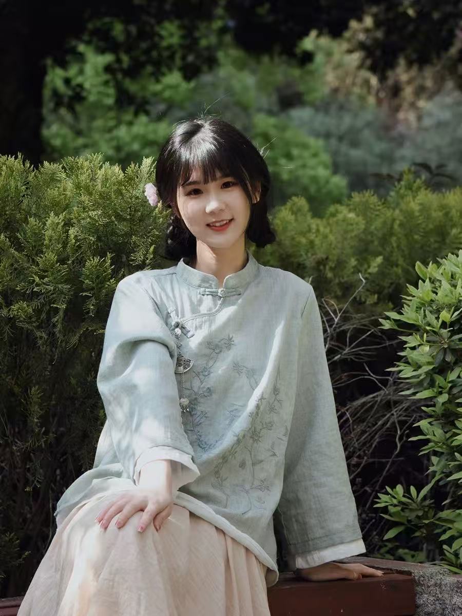 Zen Tea-Inspired Neo-Chinese 2-Piece: Cotton-Linen Shirt & Skirt