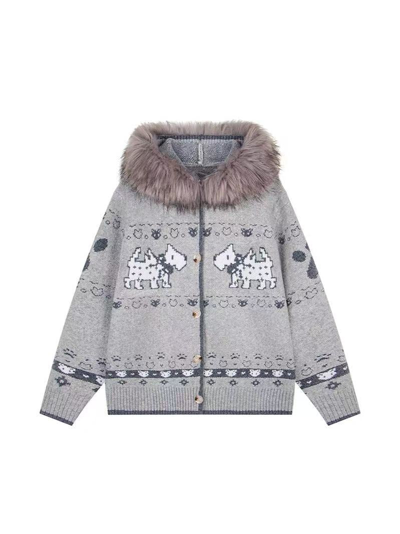 Women's Hooded Knit Cardigan with Fur Collar and Jacquard: Fair Isle Puppy Sweater