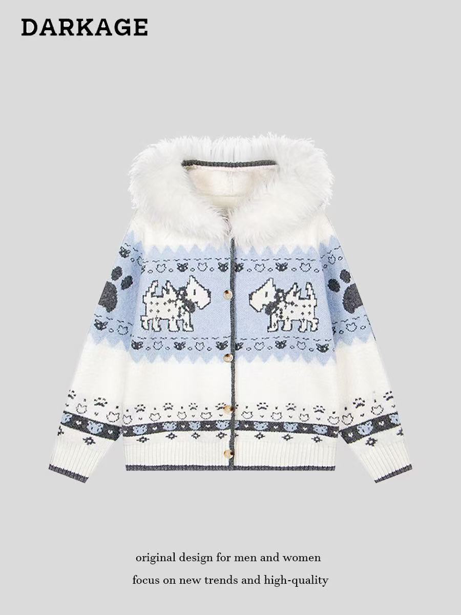 Women's Hooded Knit Cardigan with Fur Collar and Jacquard: Fair Isle Puppy Sweater