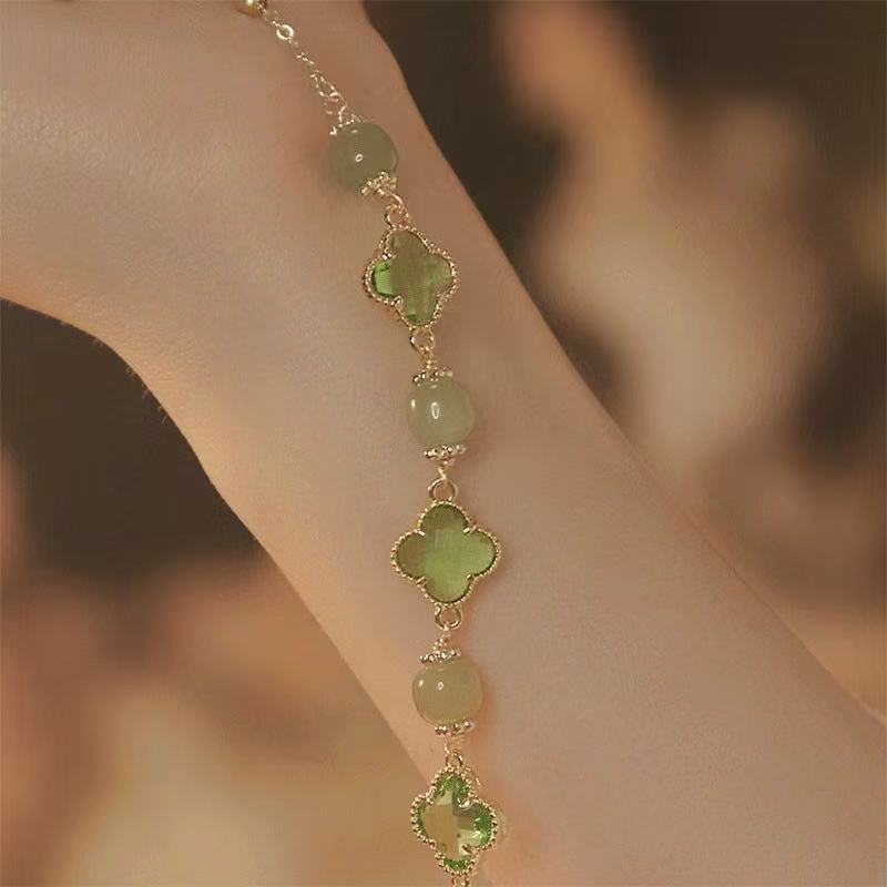 Natural Hetian Jade Lucky Four-Leaf Clover Sliding Bracelet