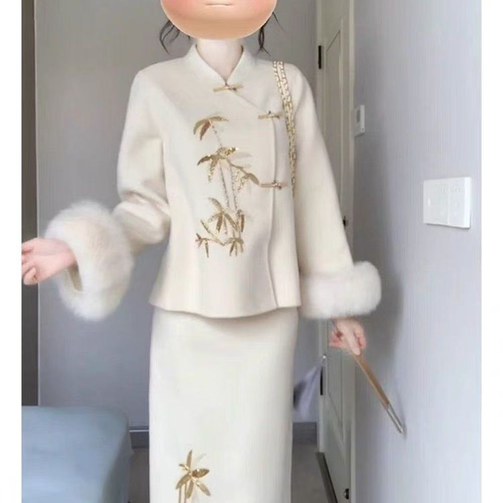 Women's Elegant Neo-Chinese 2-Piece: Embroidered Wool Coat & High-Waist Skirt for Autumn-Winter