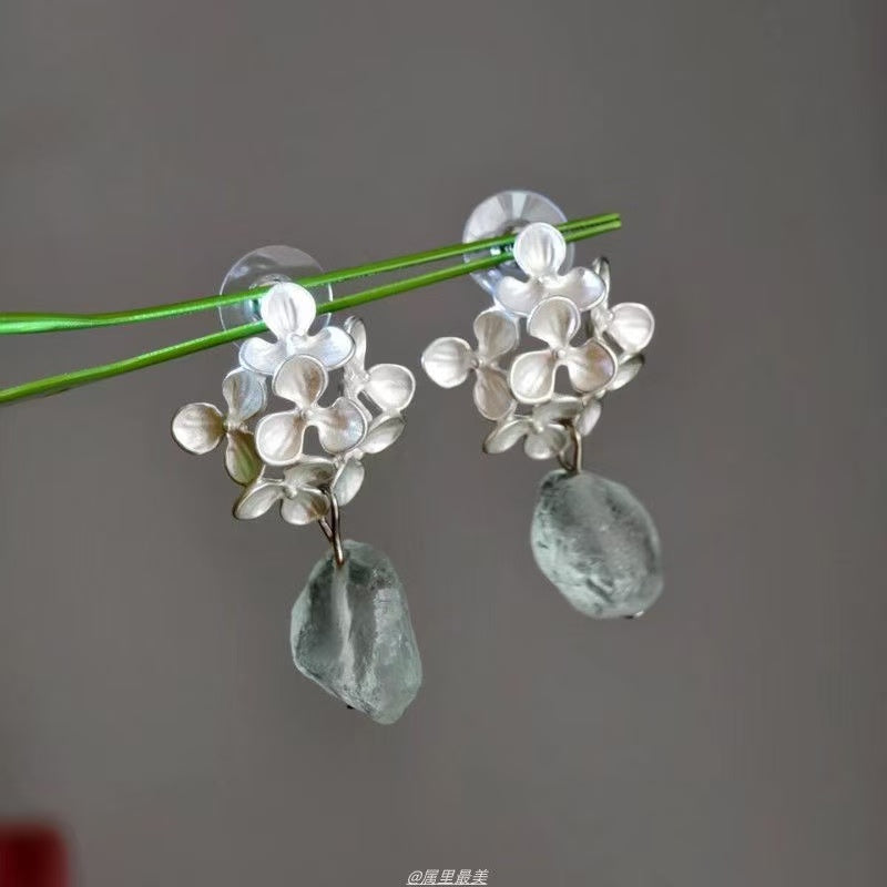 "Silver Blossom Cluster" – Neo-Chinese Silver Floral Earrings with Blue Crystals, Cool Summer Vibe, Beach Getaway Style