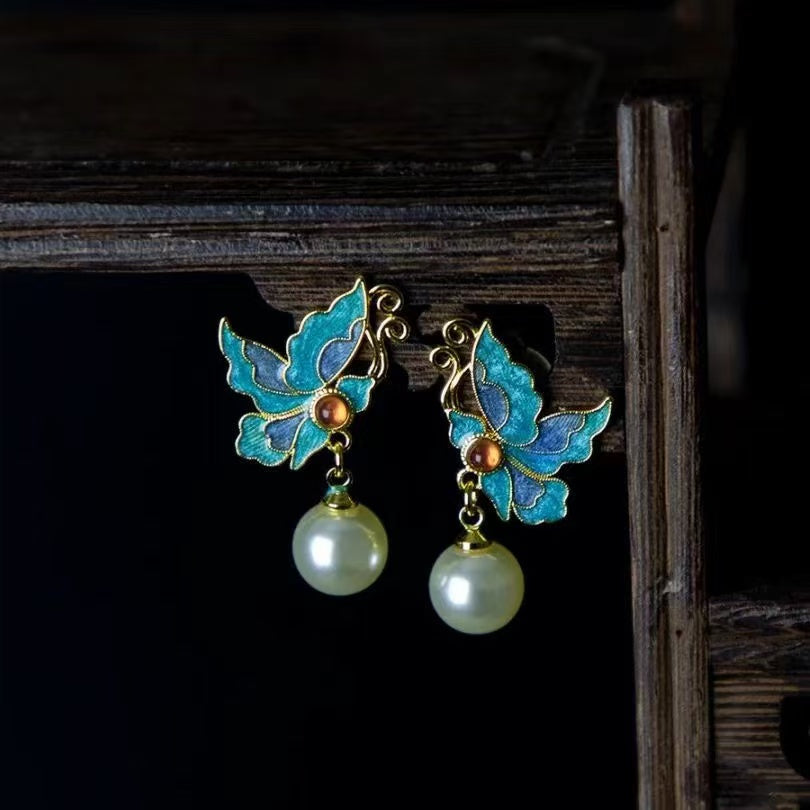 Butterfly Kingfisher Feather Cloisonné Pearl Studs