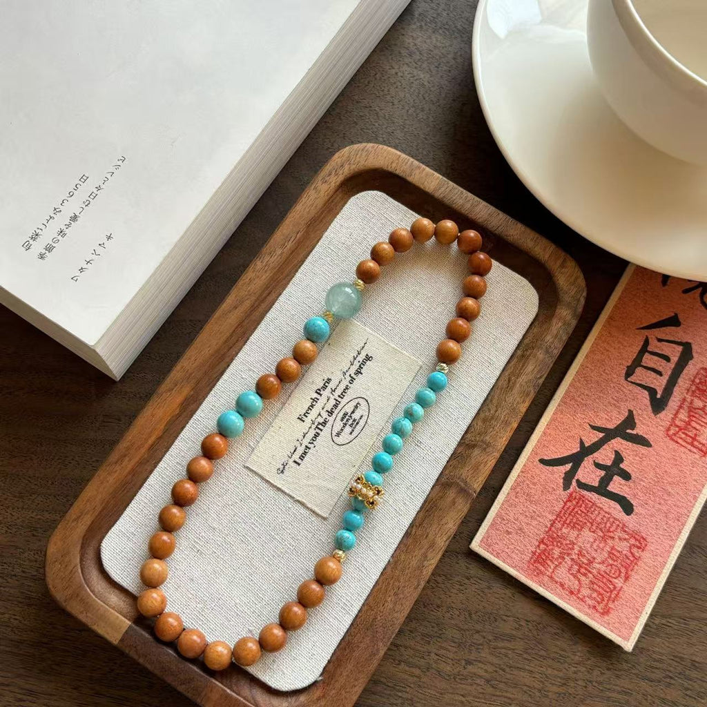 "Moon Over Ten-Thousand Pines" | Original New Chinese-Style Double-Strand Elastic Bracelet with Golden Medicinal Sandalwood and Turquoise