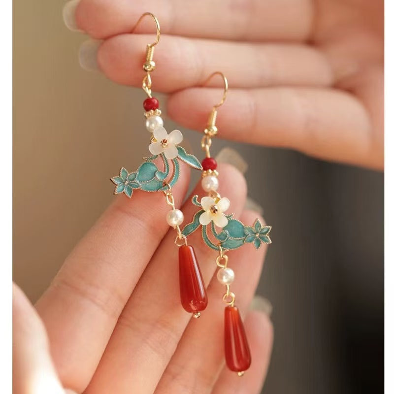 Vintage Enamel Pear Blossom Earrings with Filigree, Cloisonné, Imitation Lapis Lazuli Drops & Pearl Tassels