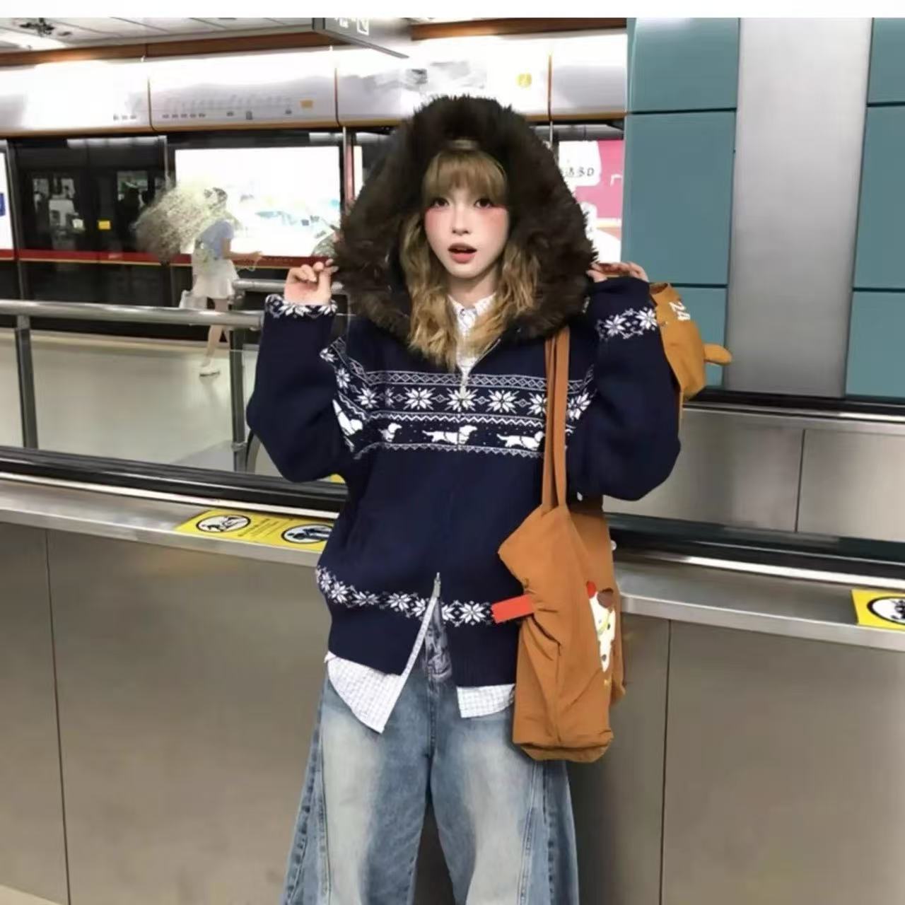 Women's Fair Isle Cardigan: Slouchy, High-End Women's Autumn Fur-Collared Hooded Knitwear – Soft, Cozy Oversized Outerwear & Loose Top